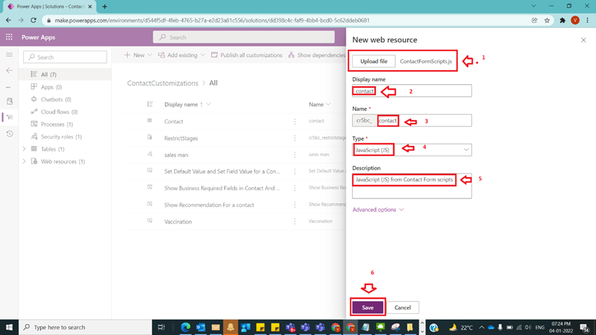 Creation of Web resource JavaScript Type in Dynamics CRM